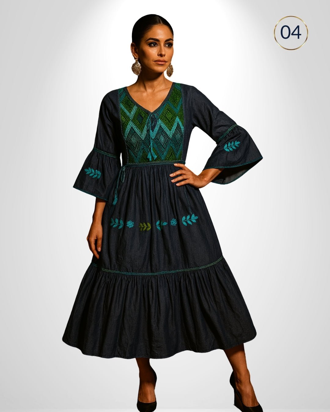 denim mexican dress Alejandra Floral Embroidered Mexican Dress- Vestido Mexicano Bordado Floral