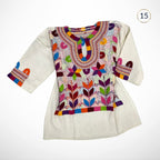 Blusa mexicana artesanal en manta premium 100% algodón, bordado a mano tradicional de milpa, manga 3/4