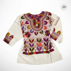 Blusa mexicana artesanal en manta premium 100% algodón, bordado a mano tradicional de milpa, manga 3/4