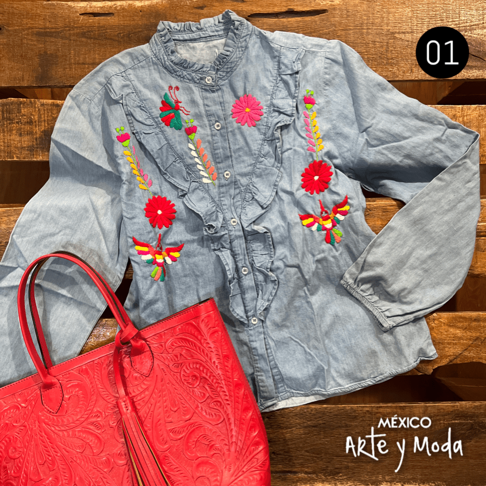 Camisa Tehuacan Denim - MÉXICO ARTE Y MODA - Blusa Bordada
