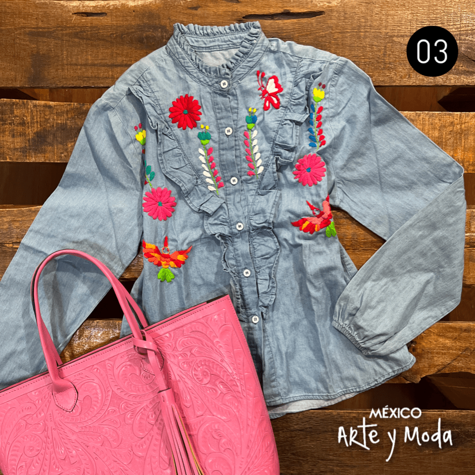 Camisa Tehuacan Denim - MÉXICO ARTE Y MODA - Blusa Bordada