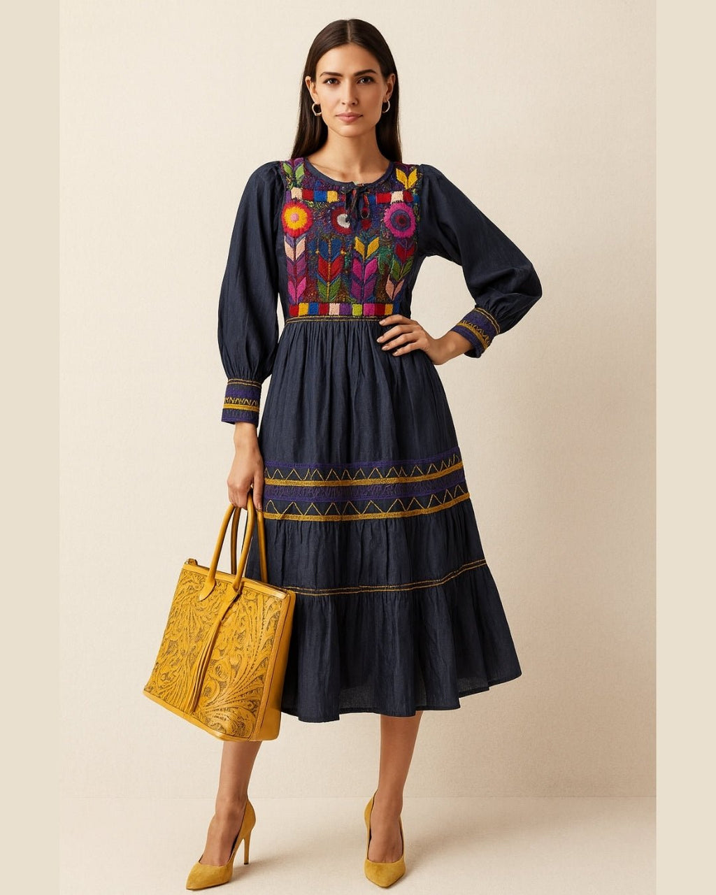 Vestido Milpa Mezclilla - MÉXICO ARTE Y MODA - Vestido Bordado