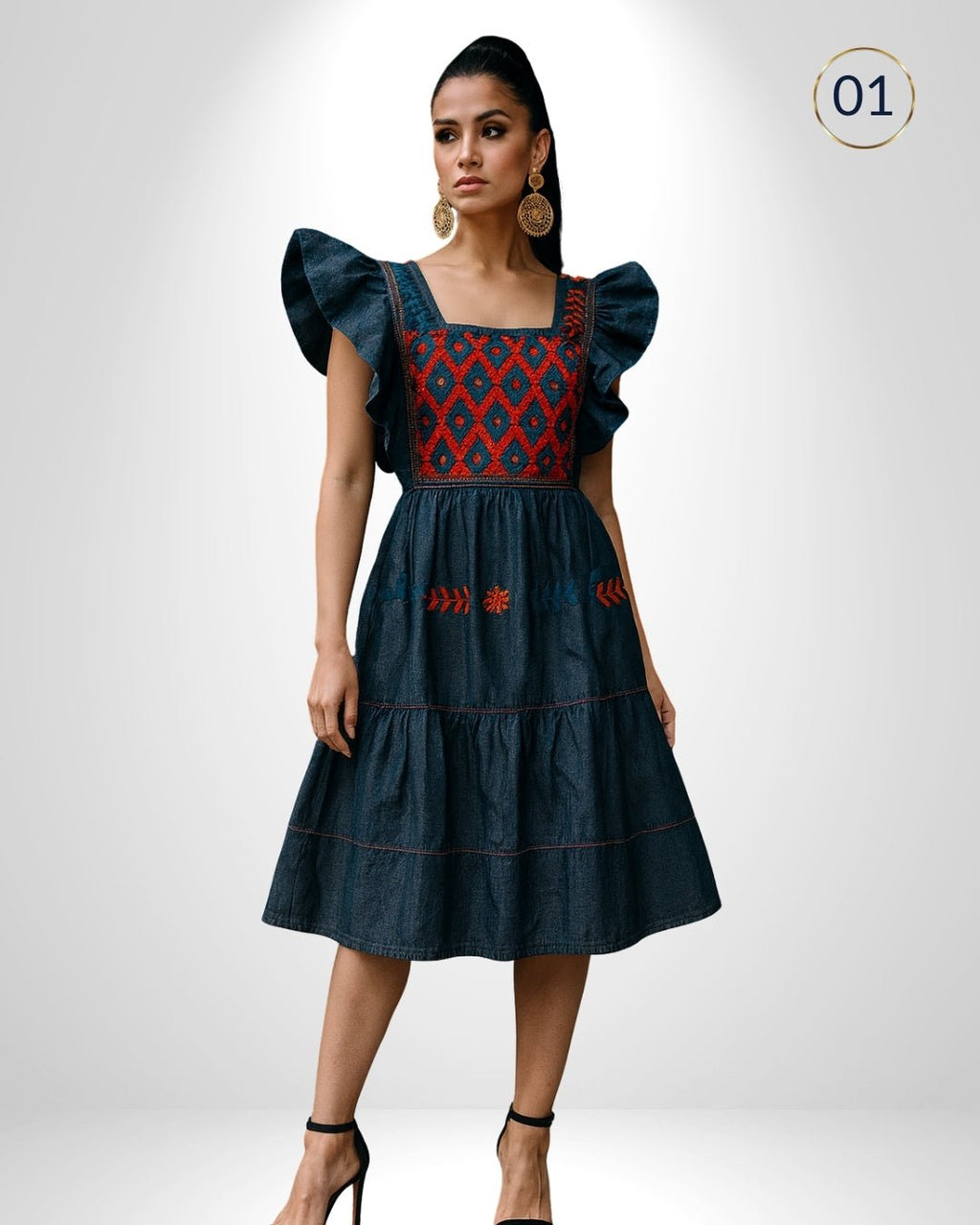Vestido San Andres Denim - MÉXICO ARTE Y MODA - Vestido Bordado