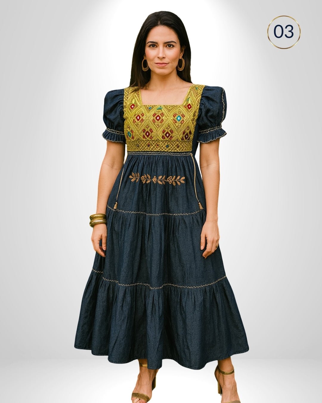 Vestido San Andres Paneles Mezclilla - MÉXICO ARTE Y MODA - Vestido Bordado