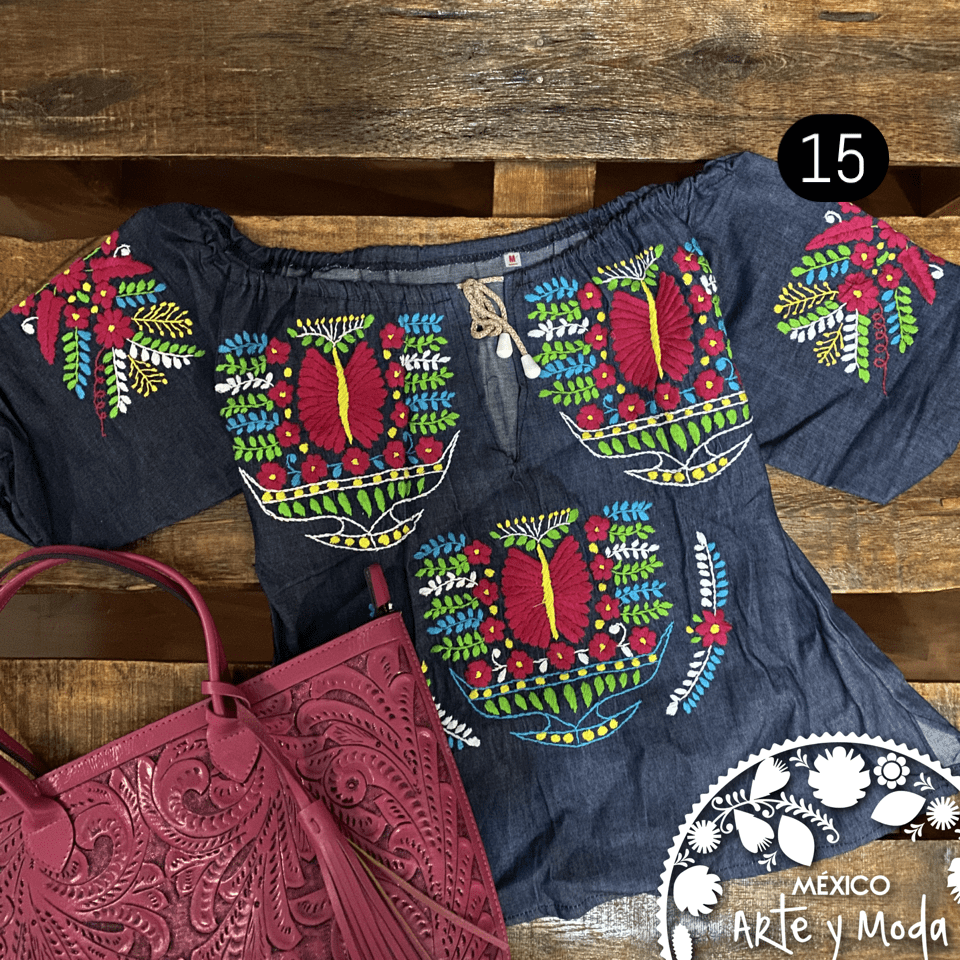 Blusa Jareta Denim - MÉXICO ARTE Y MODA - Blusa Bordada