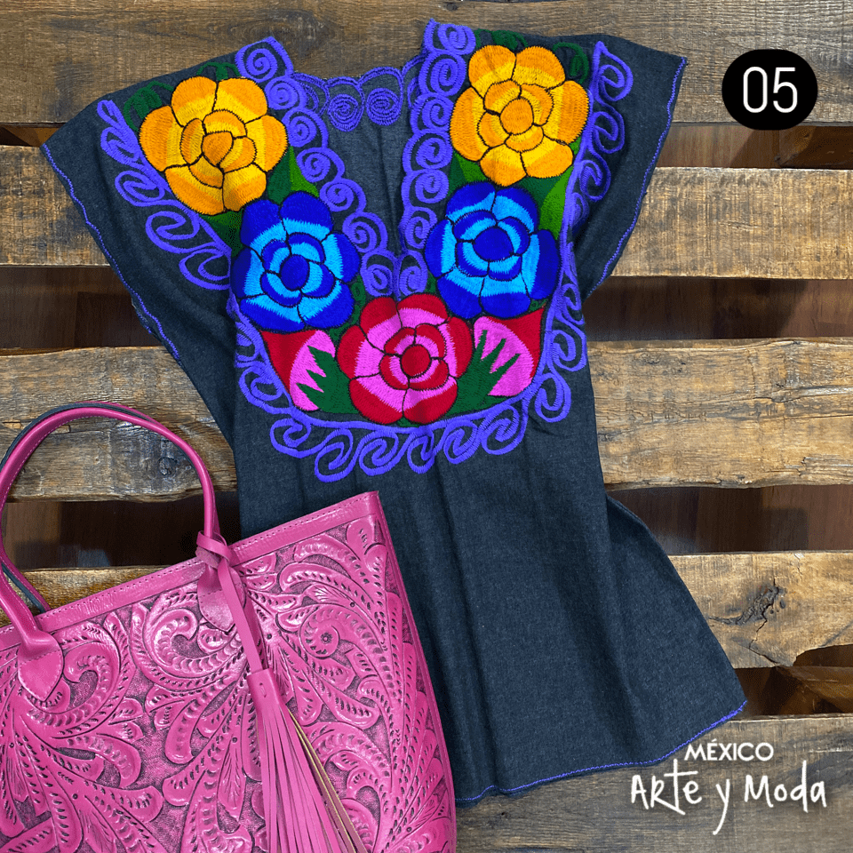 Blusa Zinac Denim - MÉXICO ARTE Y MODA - Blusa Bordada
