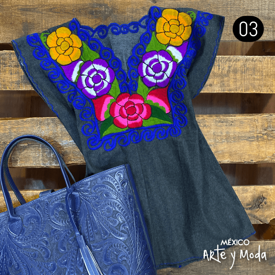 Blusa Zinac Denim - MÉXICO ARTE Y MODA - Blusa Bordada