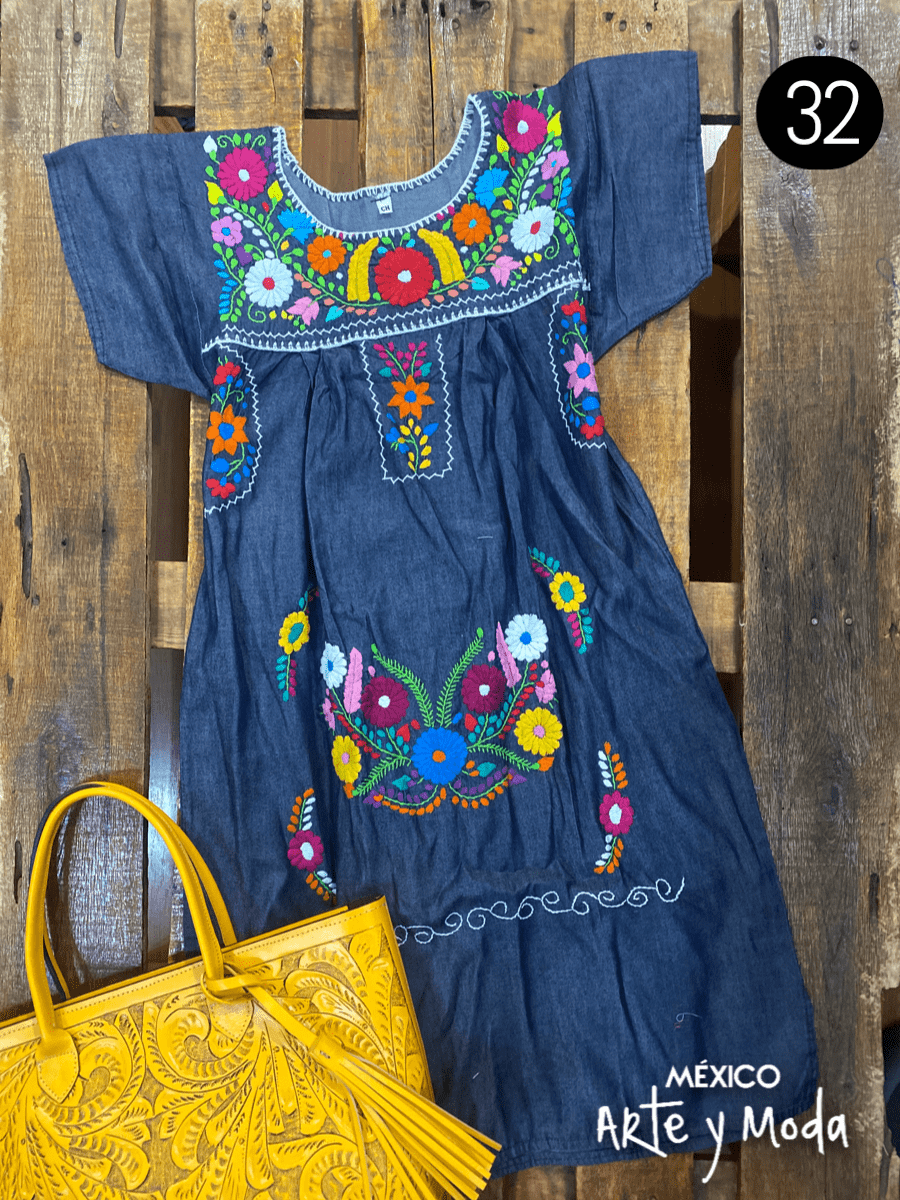 Vestido Coco Mezclilla - MÉXICO ARTE Y MODA - Vestido Bordado