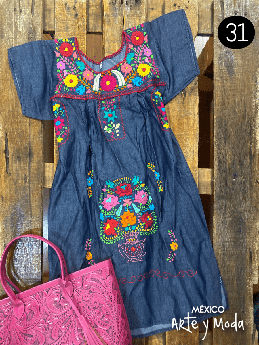 Vestido Coco Mezclilla - MÉXICO ARTE Y MODA - Vestido Bordado