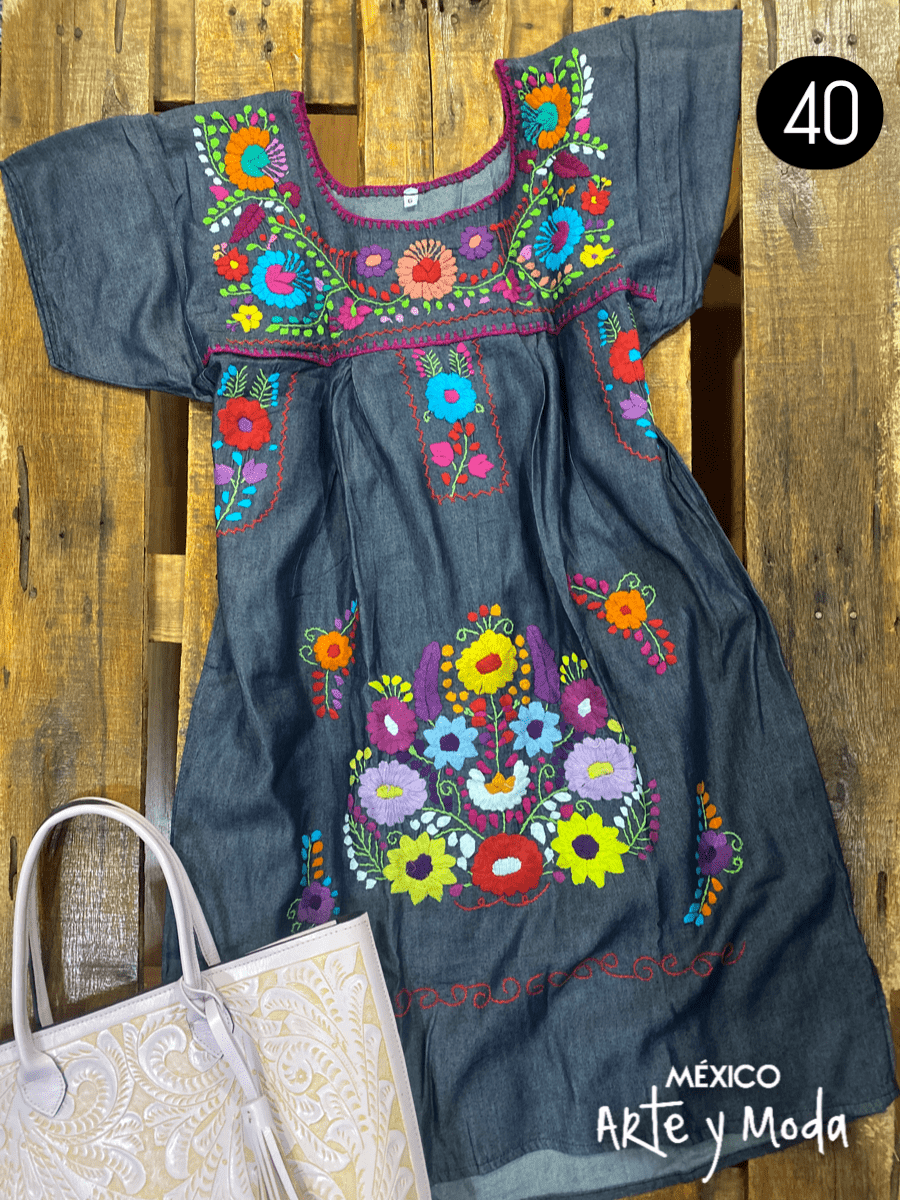Vestido Coco Mezclilla - MÉXICO ARTE Y MODA - Vestido Bordado