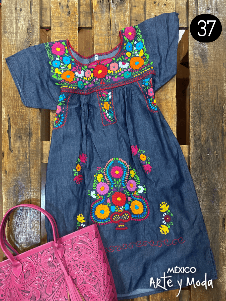 Vestido Coco Mezclilla - MÉXICO ARTE Y MODA - Vestido Bordado