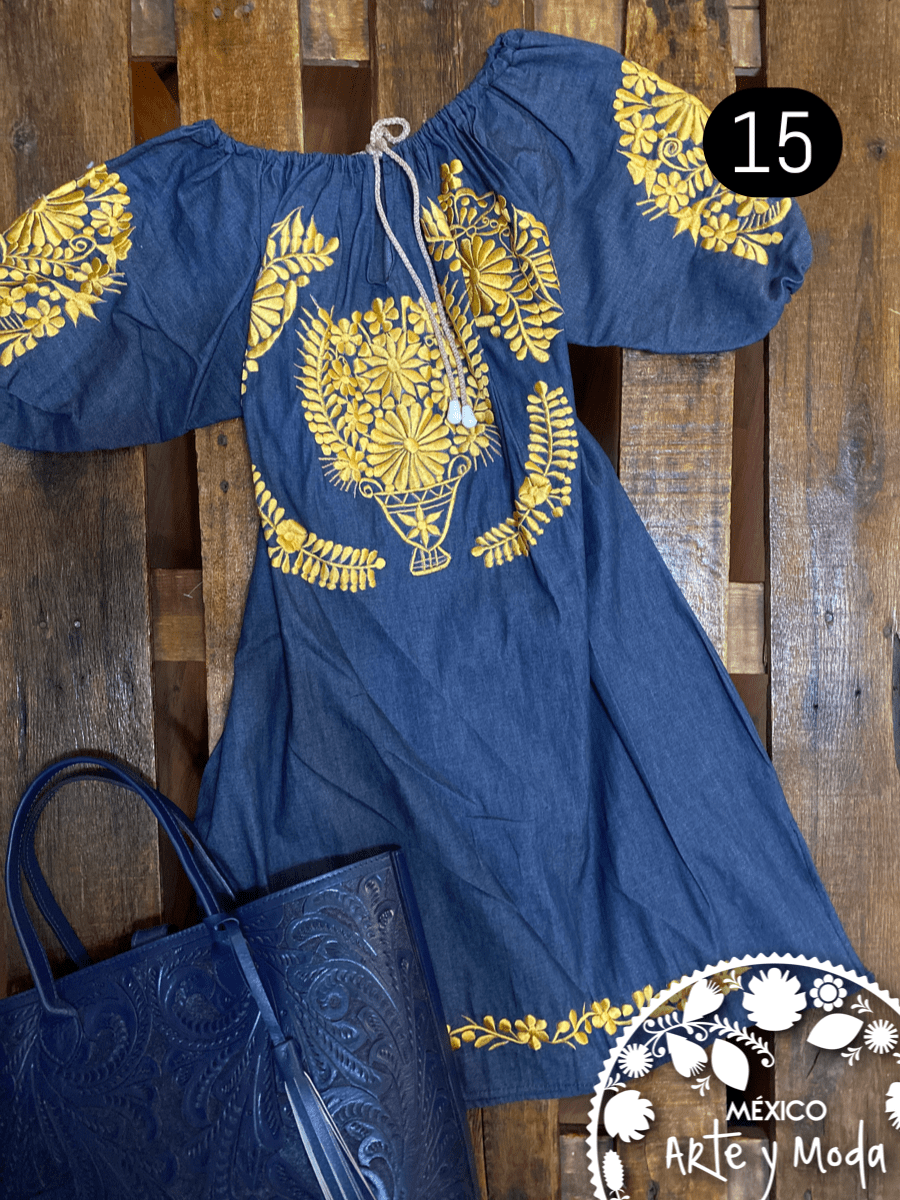 Vestido Jareta Denim - MÉXICO ARTE Y MODA - Vestido Bordado