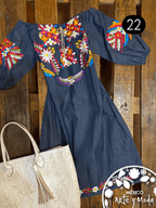 Vestido Jareta Denim - MÉXICO ARTE Y MODA - Vestido Bordado