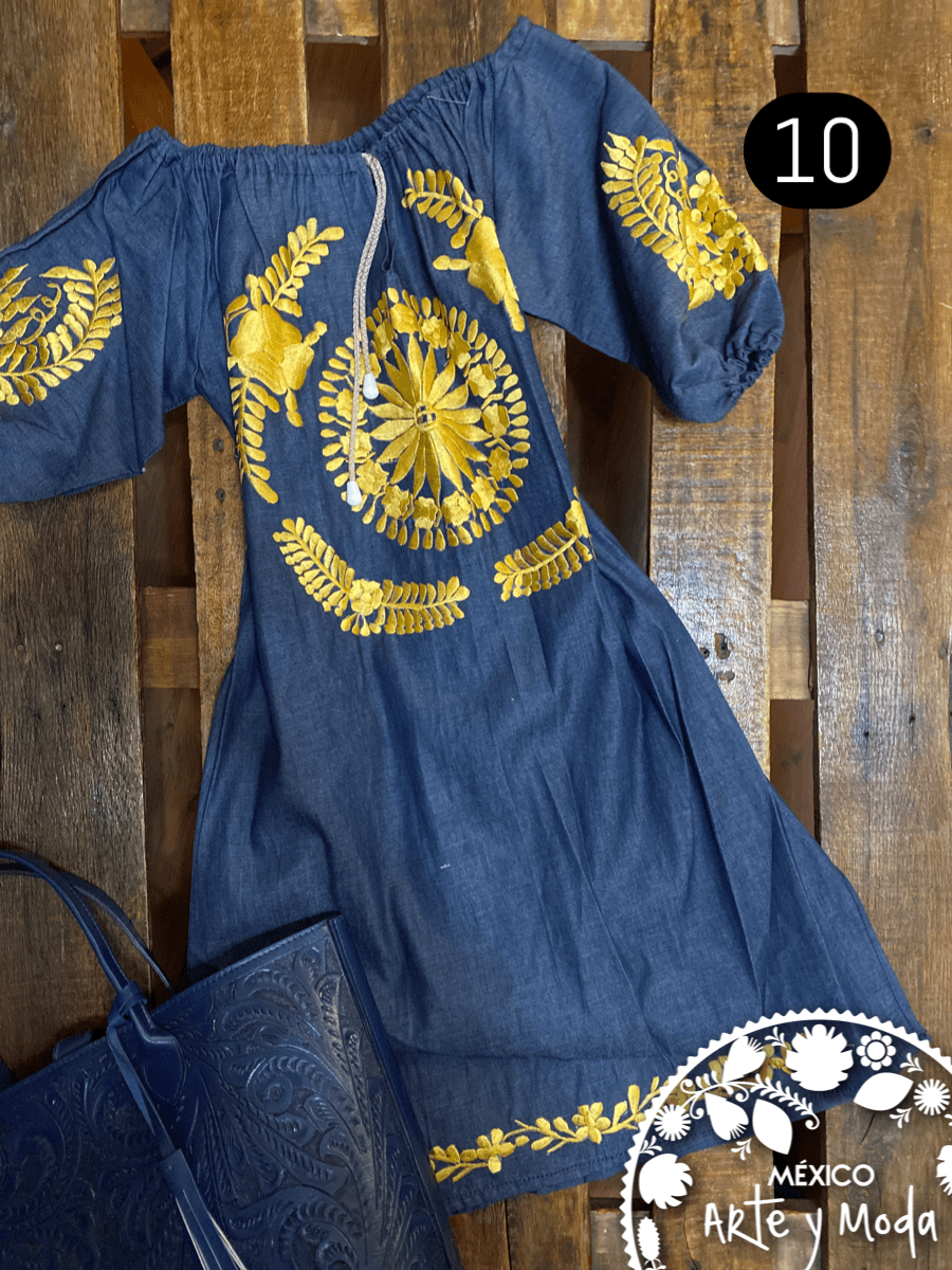 Vestido Jareta Denim - MÉXICO ARTE Y MODA - Vestido Bordado