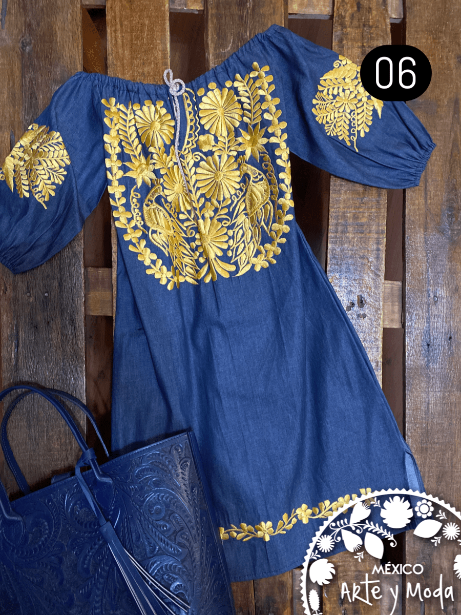 Vestido Jareta Denim - MÉXICO ARTE Y MODA - Vestido Bordado
