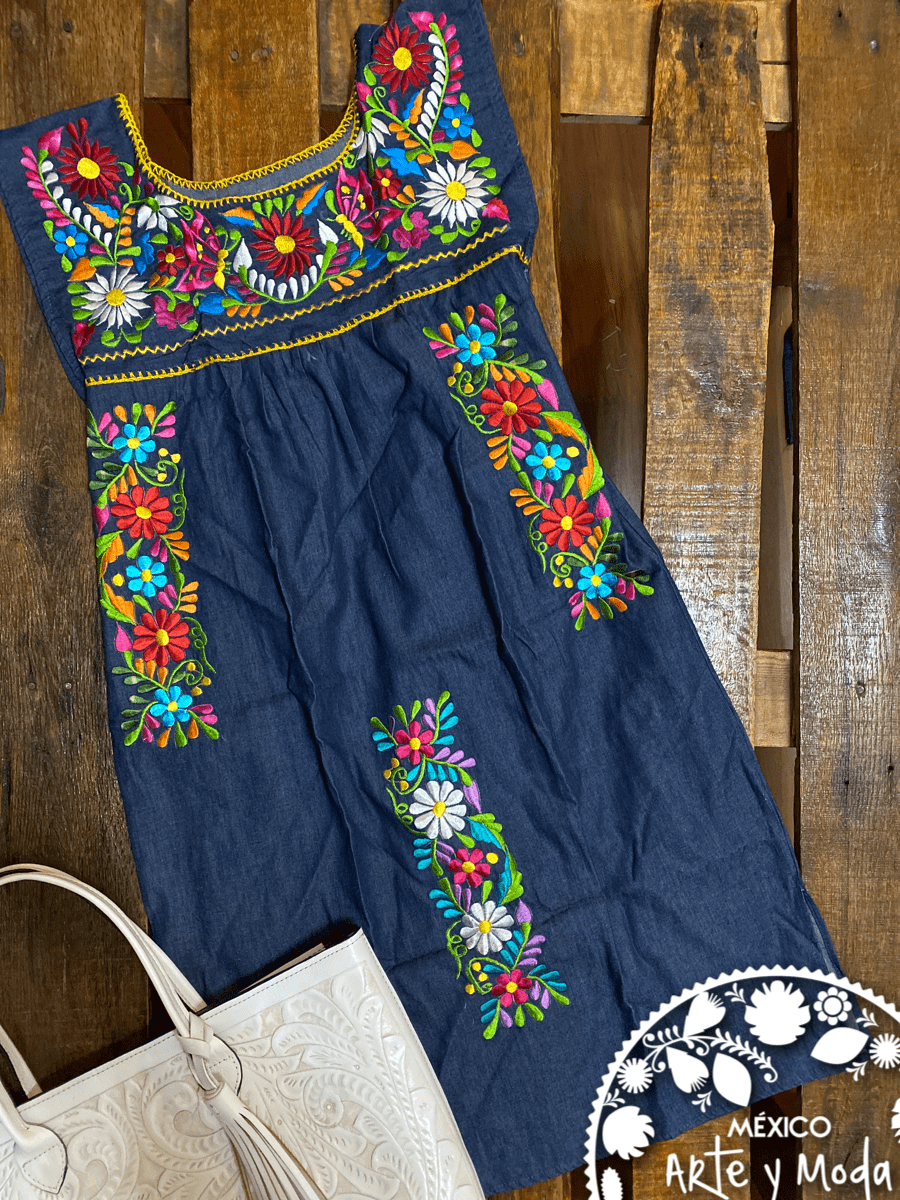 Vestido Quetzal Denim - MÉXICO ARTE Y MODA - Vestido Bordado