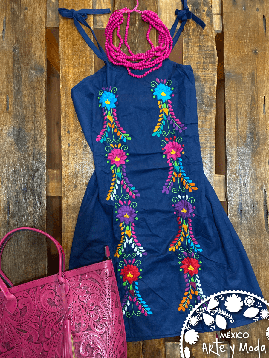 Vestido Tirantes Denim - MÉXICO ARTE Y MODA - Vestido Bordado